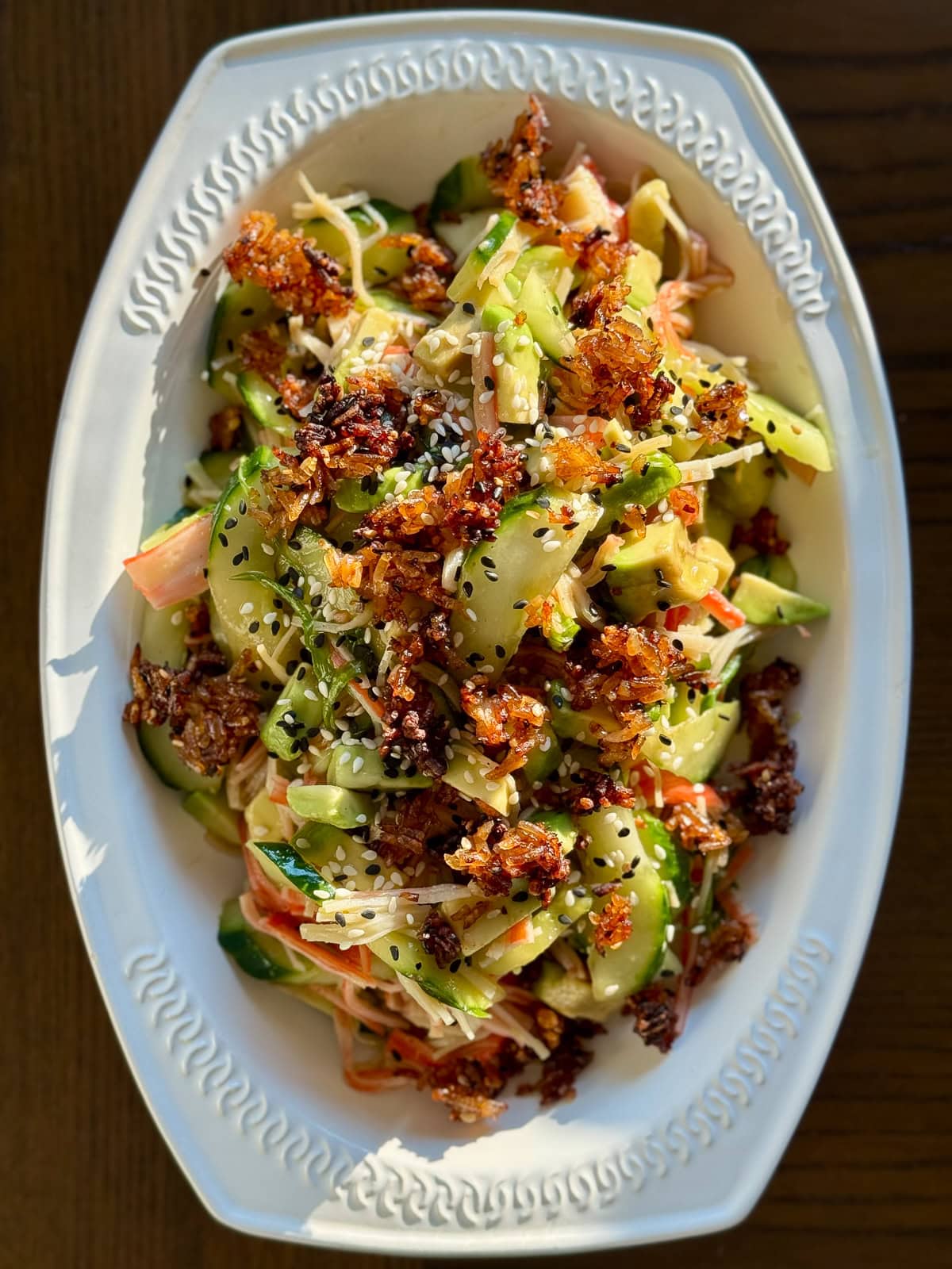 California Roll Cucumber Salad with Crispy Rice
